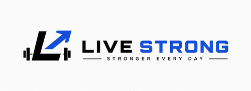 Three logo variations for 'LIVE STRONG' are shown on a white background, with one large centered version and two smaller versions below on black panels. The logo combines a stylized blue-and-black 'L' with a barbell and upward arrow motif, plus the words 'LIVE STRONG' and the tagline 'STRONGER EVERY DAY'.